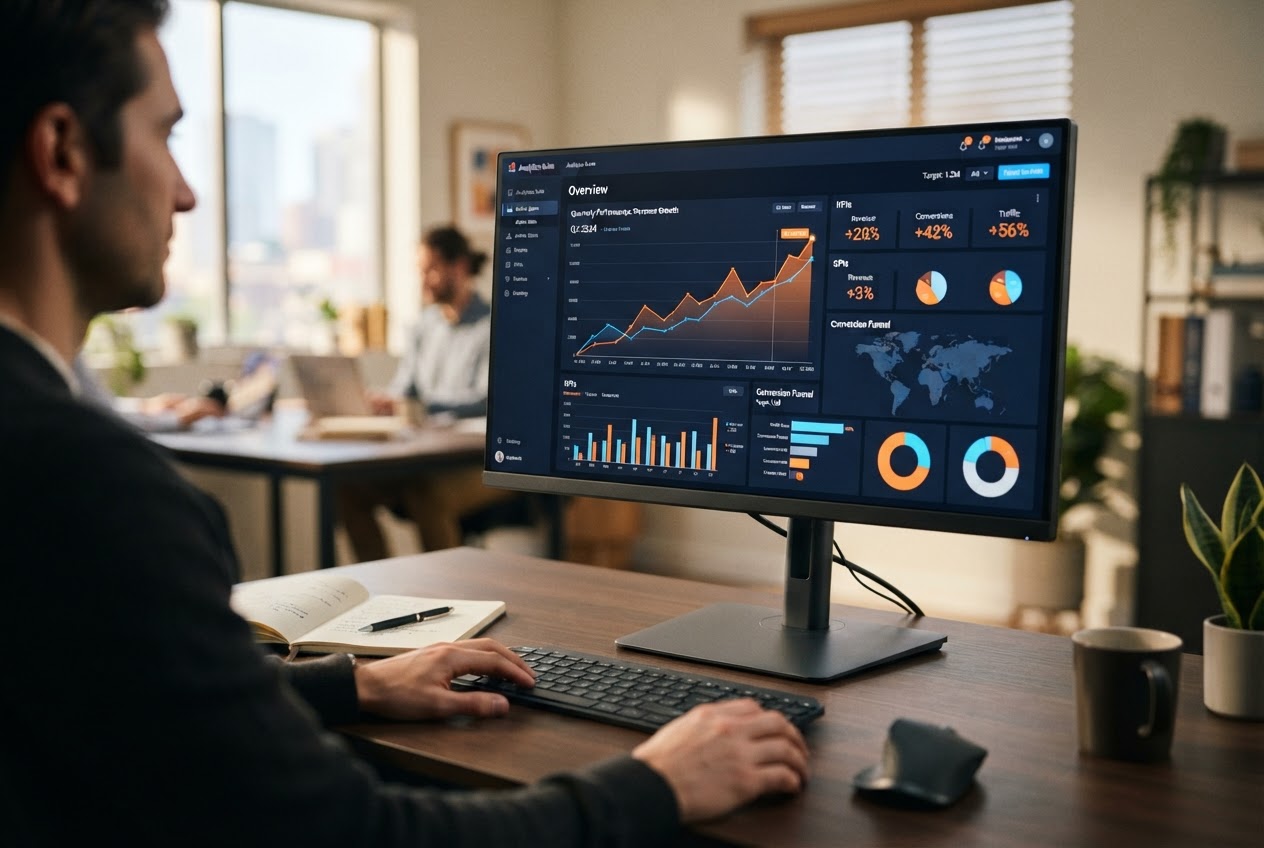 Analyst reviewing a marketing analytics dashboard with charts and conversion metrics on a desktop monitor