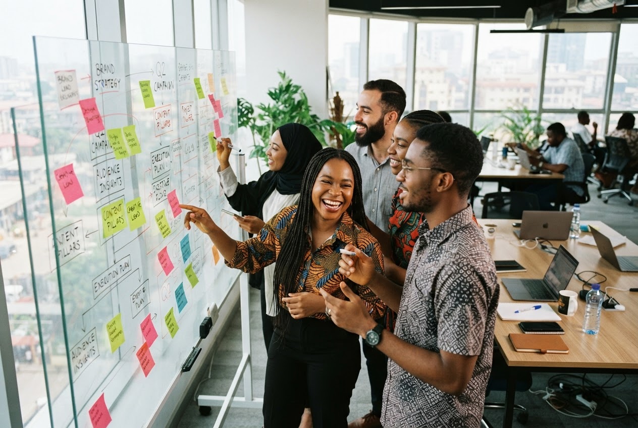 Team members collaborating at a whiteboard covered in sticky notes